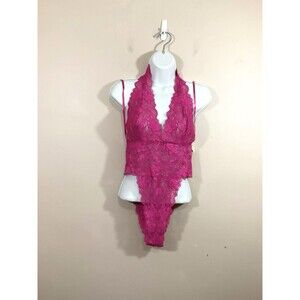 Fredericks of Hollywood Halter Neck Lace Bodysuit L Pink Coquette Lingerie NWT